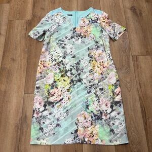 🌟BASLER🌟 FLORAL PASTEL PRINT SHORT SLEEVE SHIFT DRESS AQUA BLUE SZ  44 OR 14